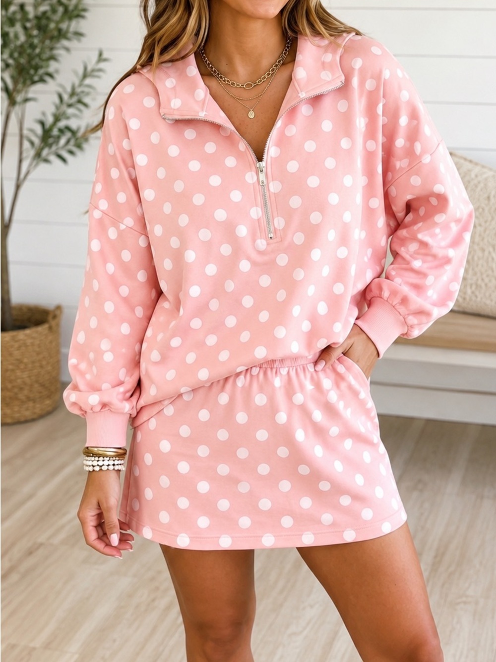 Pink Polka Dot Mini Skirt - Casual Sweatshirt Style